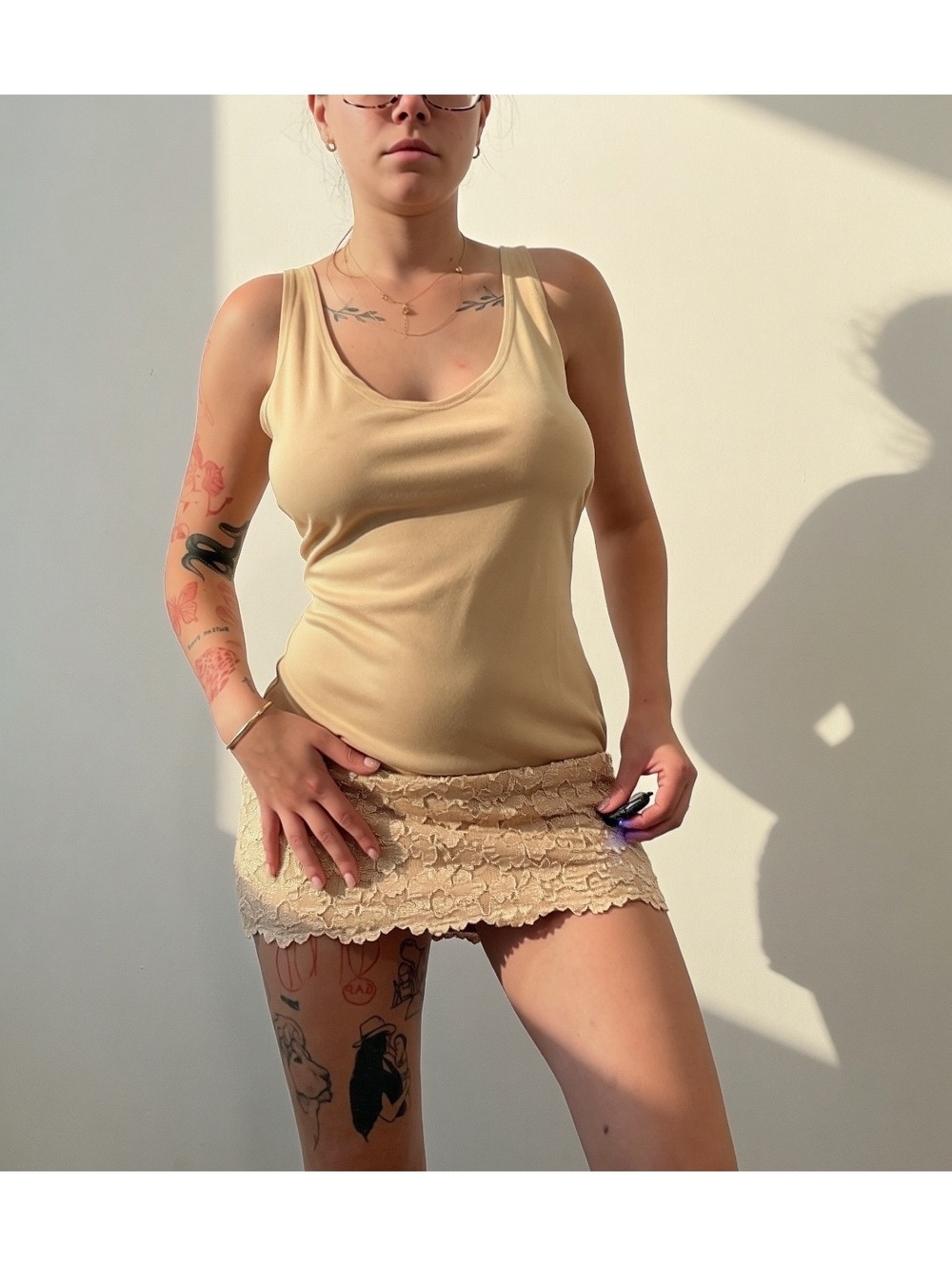 Y2K Beige Lace Trim Mini Dress